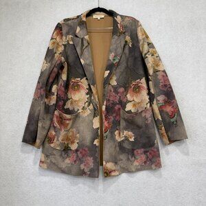 Solitaire Blazer Womens Large Watercolor Floral Print Open Front Patch Pockets